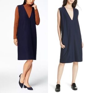 Eileen Fisher Washable Crepe Deep-V-Neck Shift Dress Navy
